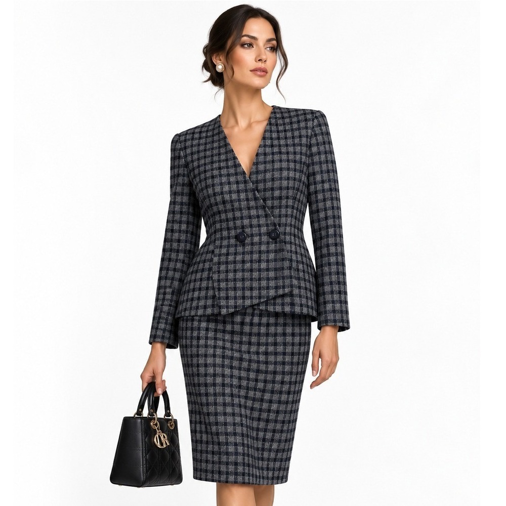 Christian Dior The Suit Vintage Wool Check Skirt Suit Set Navy Gray Size 8